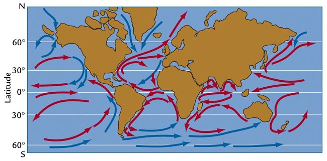 Modern World Sea Current Map - hot currents in red, cold currents in blue